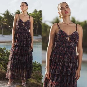 Hutch | NWT Rosey Gown Navy Tropical Garden Tulle Floral Tiered Maxi Dress 0